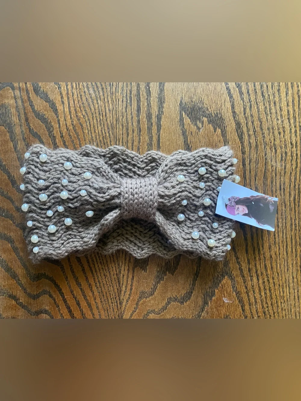 Knit Pearl-Embellished Bow Ear Warmer